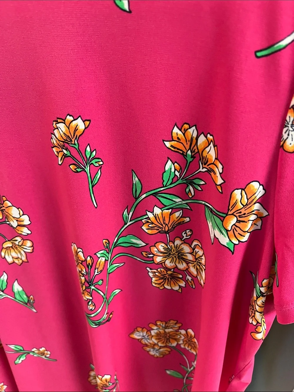 Susan Graver Hot Pink Floral Ruffle Front Short Sleeve Blouse - Picture 5 of 5